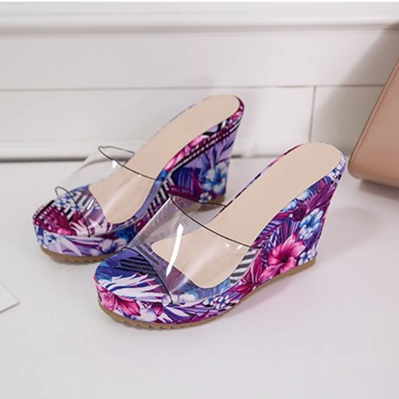 Women Wedges Slippers High Heels Platform Casual Ladies Slides Summer Retro Transparent Floral Thick-Sole Slippers Ethnic Style