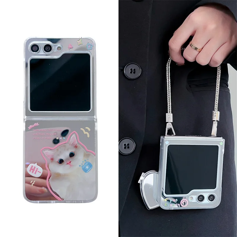Cute Cat Mirror Surface Phone Case for Samsung Galaxy Z Flip 5 4 3 Protective Back Cover for ZFlip3 ZFlip4 ZFlip5 Case Shell
