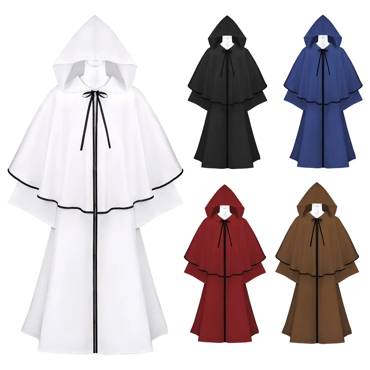 

Medieval Hooded Robe Monk Priest Robe Adult Halloween Carnival Cosplay Costume Black White Cloak Cape Wizard Tunic Cloak for Men