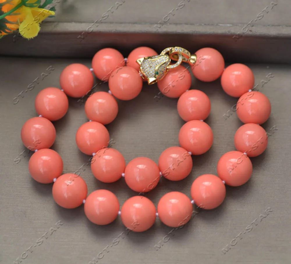 MTC·STARZ13567 18'' 16mm Coral-Pink Round South Sea Shell Pearl Necklace CZ Custom Jewelry