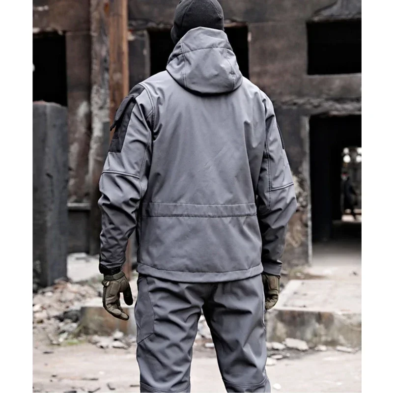 Mens Thicken Tactical Set Windproof Waterproof Outdoor Suit Soft Shell Multi-Pocket Hooded Jackets+Fleece Work Pants 2-piece