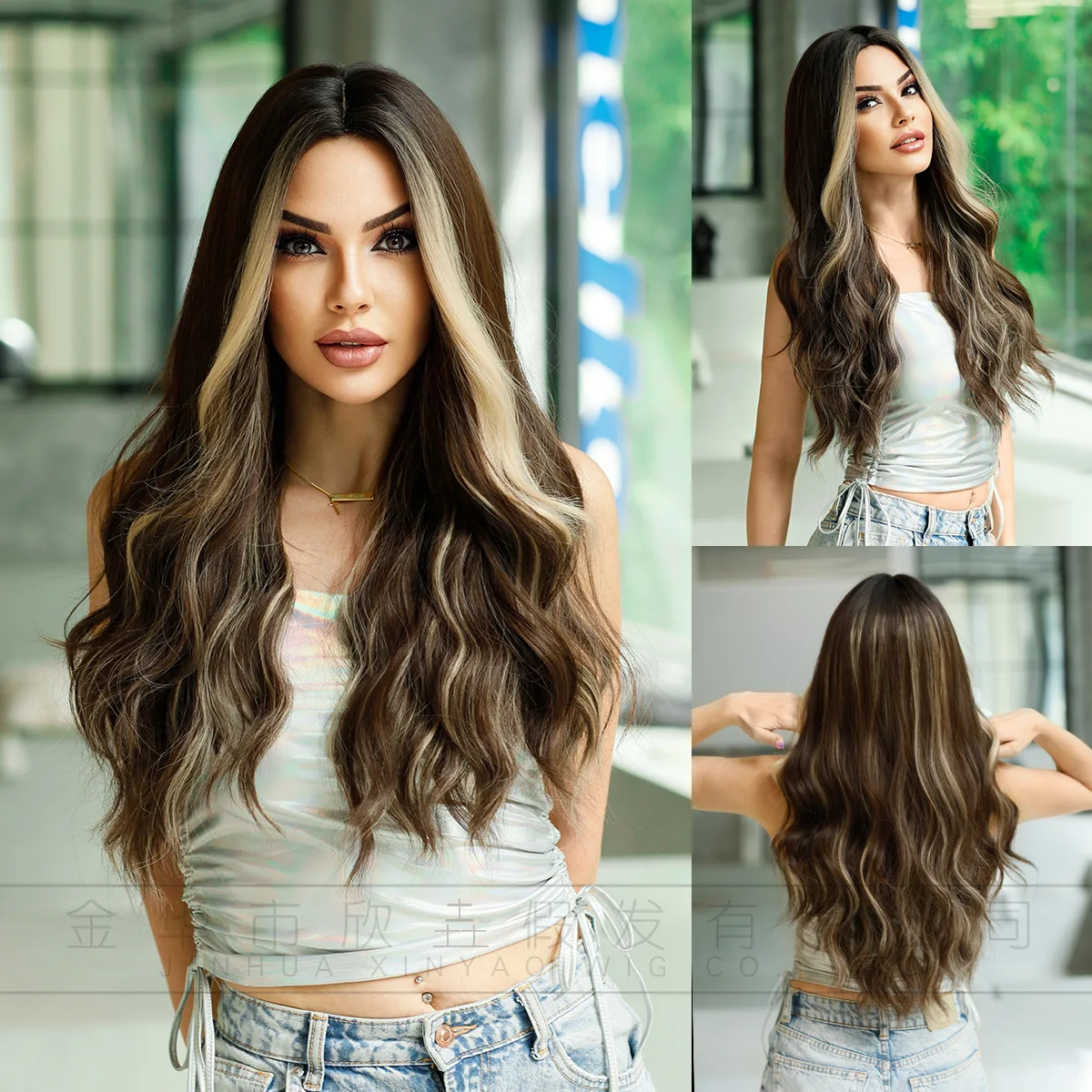 

long hair with a medium point dyed golden brown synthetic fiber long hair wig