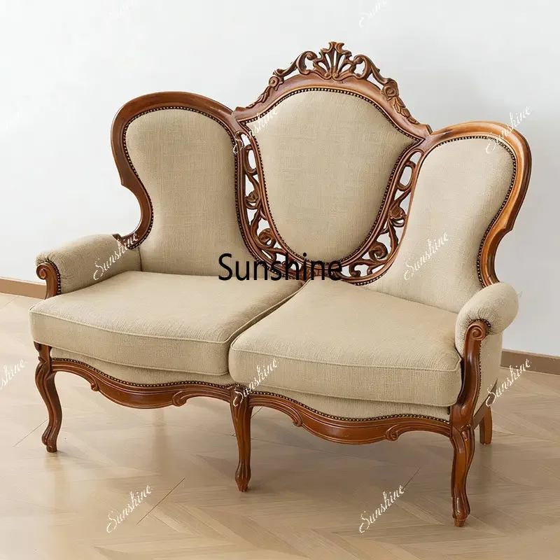 YFrench retro solid wood carving flower sofa chair living room decoration design sense shooting props