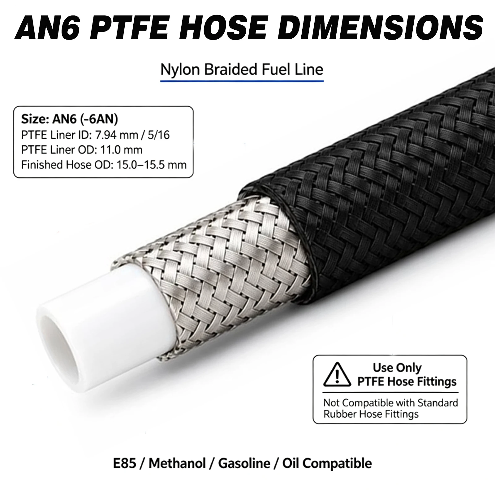 AN3 AN4 AN6 AN8 AN10 1M/2M/3M/5M Universal E85 Fuel Hose Oil Gas Cooler Line Pipe Tube Inside PTFE Nylon Stainless Steel Braided