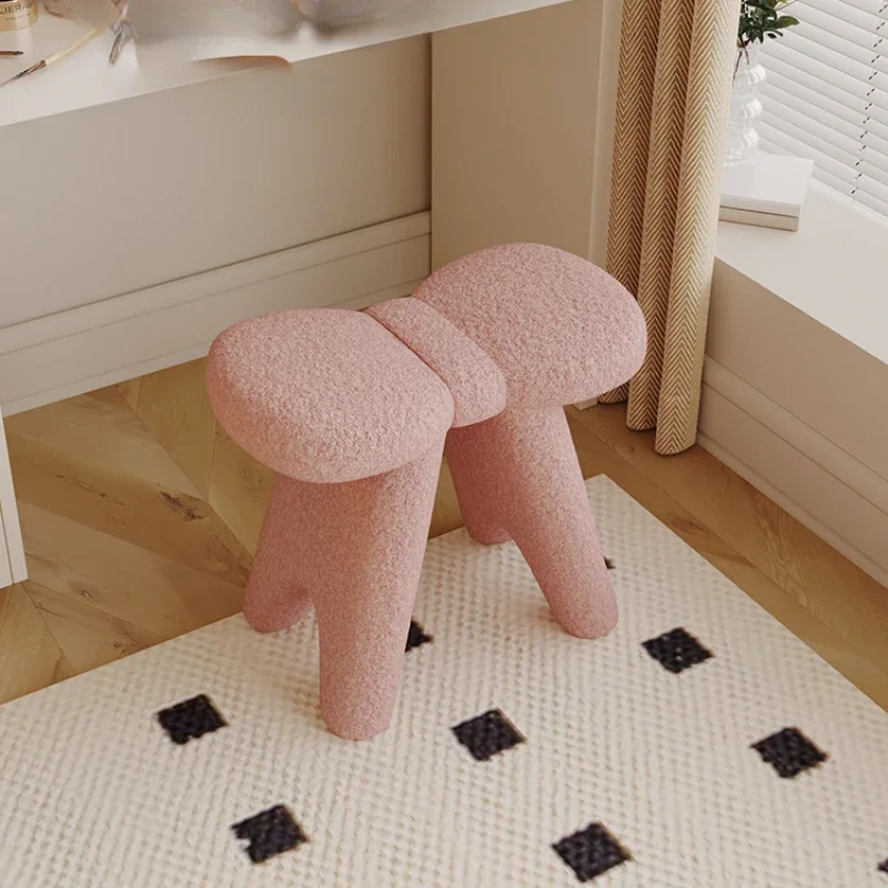 Cream Style Minimalist Modern Makeup Stool, Pink Bow Dressing Seat for Girl's Bedroom, Lamb Suede Leather Living Room Chair