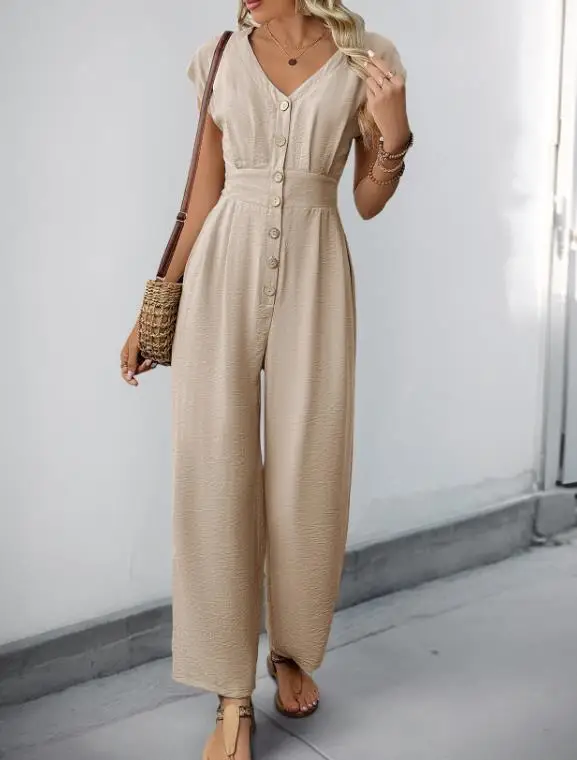 

Casual Women's Jumpsuit Fashionable and Elegant Solid Color V-Neck Button Up Front High Waist Wide Leg Sleeveless Jumpsuit