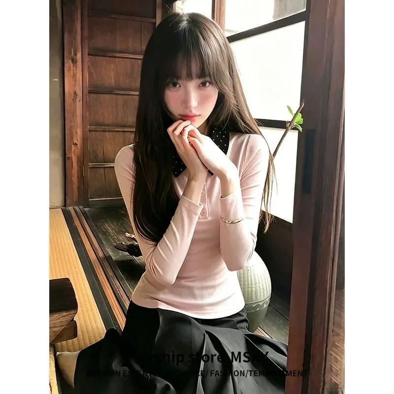 Women's Chic Polka Dot Contrast Collar Polo Shirt Long Sleeve Slim Fit Casual Commute Top