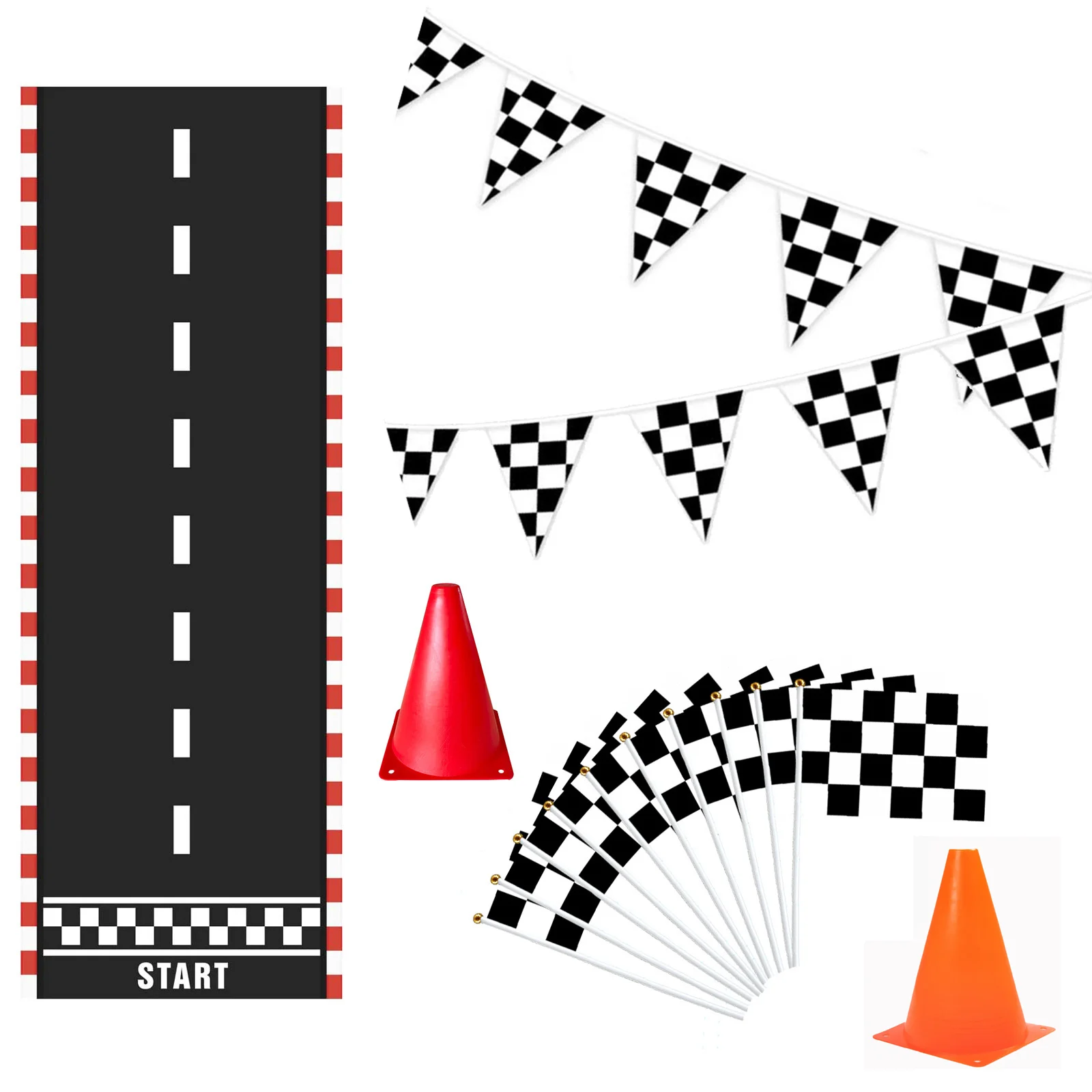 

Racing Car Party Supplies Set-Include Plastic Traffic Cones, Checkered Flags With Sticks 6.5 X 2 Ft Racetrack Floor Running Mat