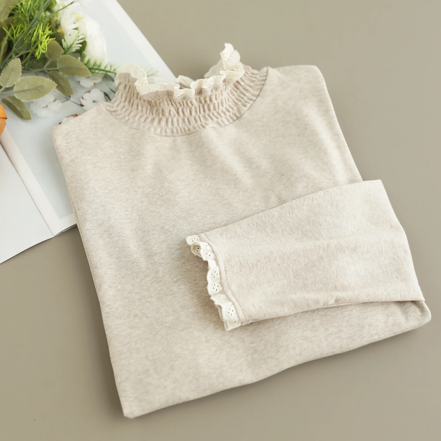 Japonês doce mori menina cor sólida camisetas de algodão feminino primavera outono gola alta manga longa casual solto pulôver camisas