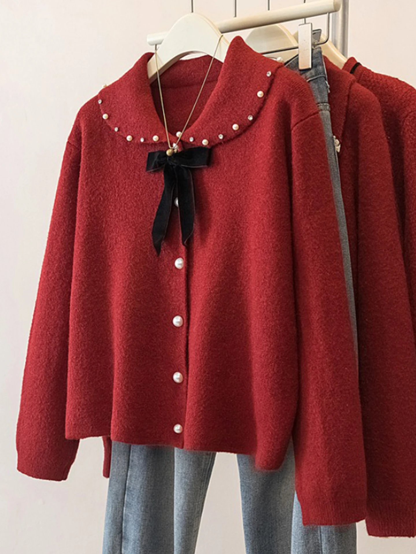 

Красный вязаный кардиган-пальто для женщин: уникальный, красивый, больших размеров, осенне-зимняя верхняя одежда для повседневной носки, с длинными рукавами, на пуговицах