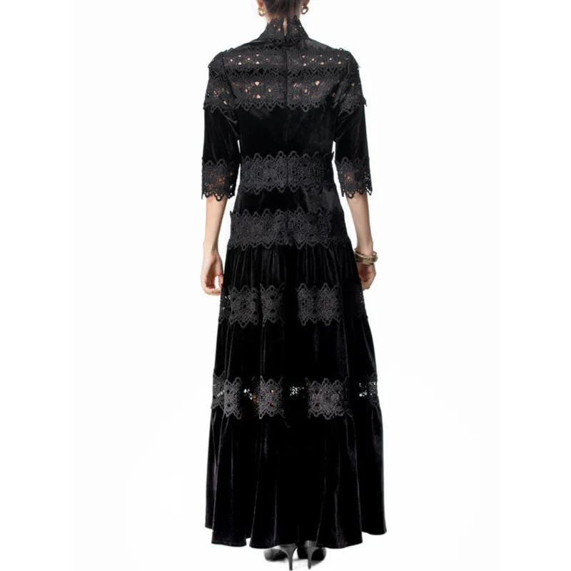 QMQA Fashion Women's Elegant Velvet Dresses Stand Collar Mid Sleeve Water Soluble Hook Flower Hollow Dress Autumn Clothing 1A231