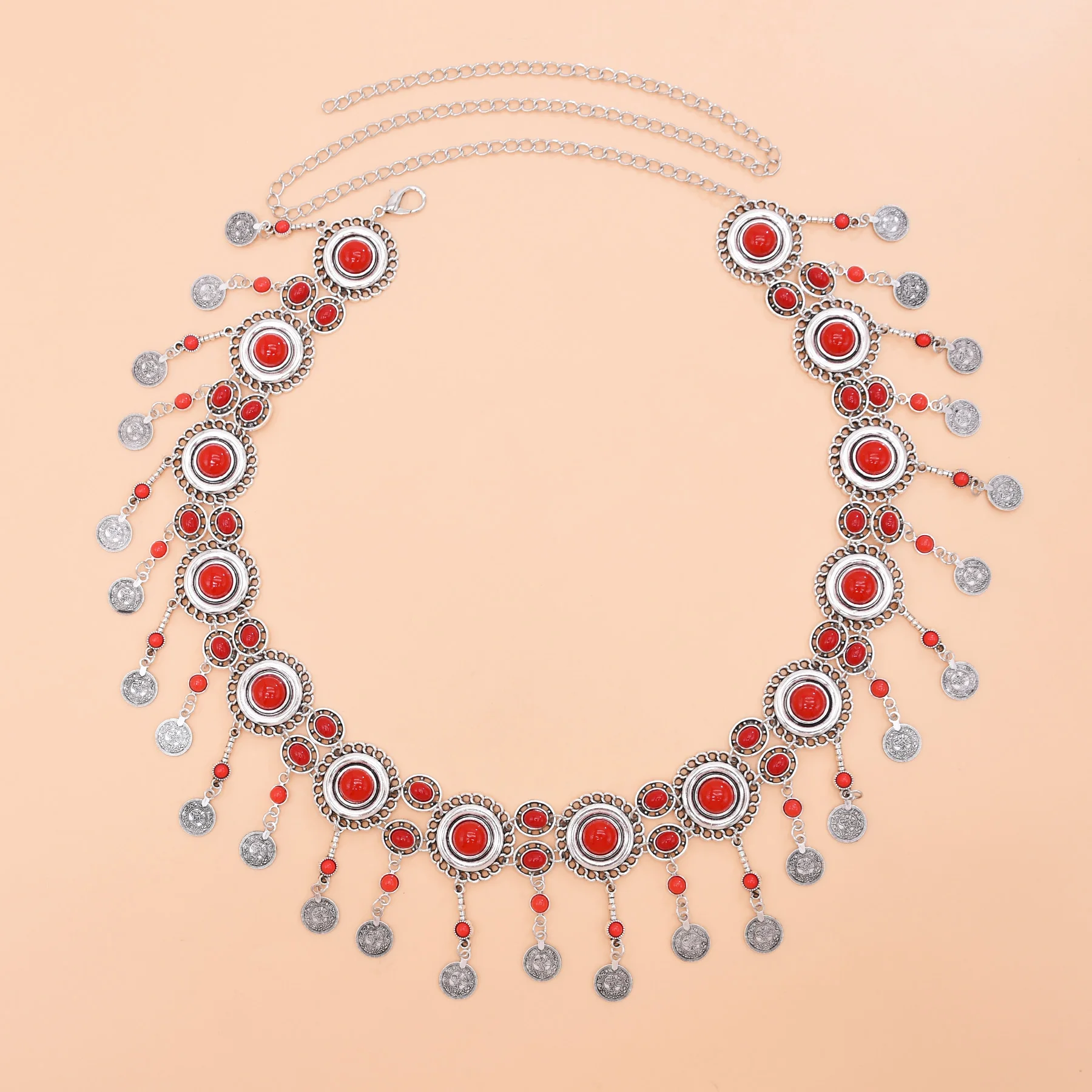 

New European and American creative flower shape imitation turquoise size round diamond coins tassel women's waist chain
