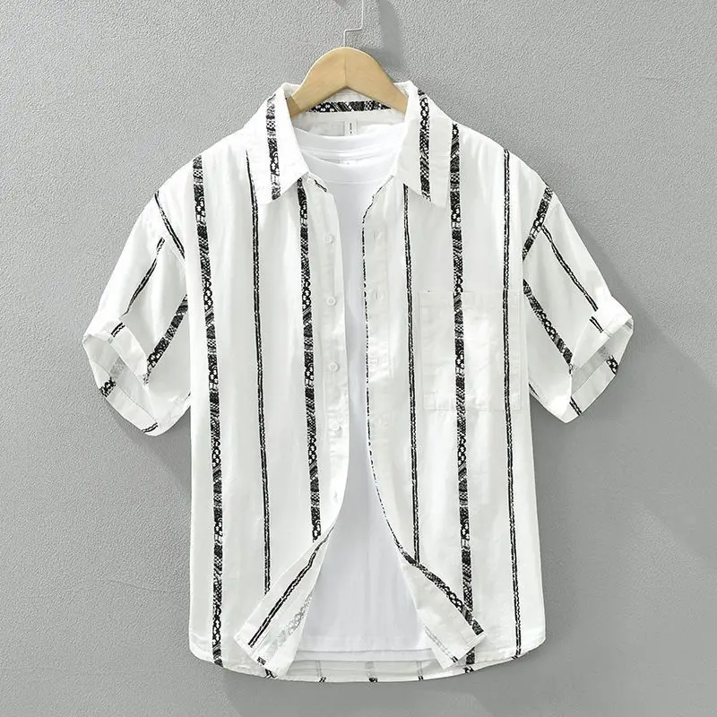 Summer Men's Casual Short Sleeves Shirts Vertical Stripe Print Loose Fit Tops Lapel Pocket Single Breasted Lightweight Shirts