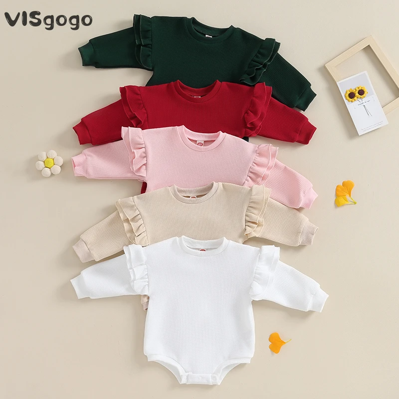 

VISgogo 0-18Months Infant Baby Girl Sweatshirt Bodysuit Solid Color Round Neck Ruffle Long Sleeve Rompers Spring Fall Clothes