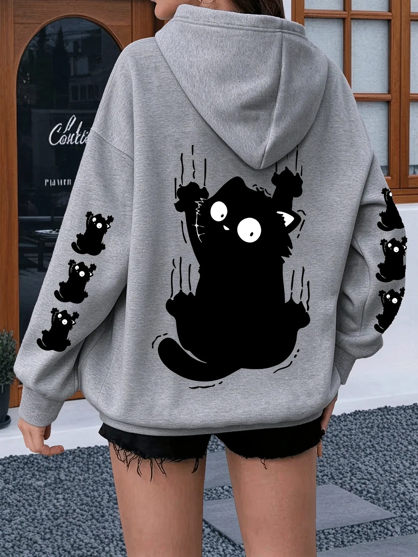 Women Plus Size Hoodie, Minimalist Black White Cat Print Pullover, Winter Fleece Sweatshirt, Casual Streetwear Tops Daily Wear
