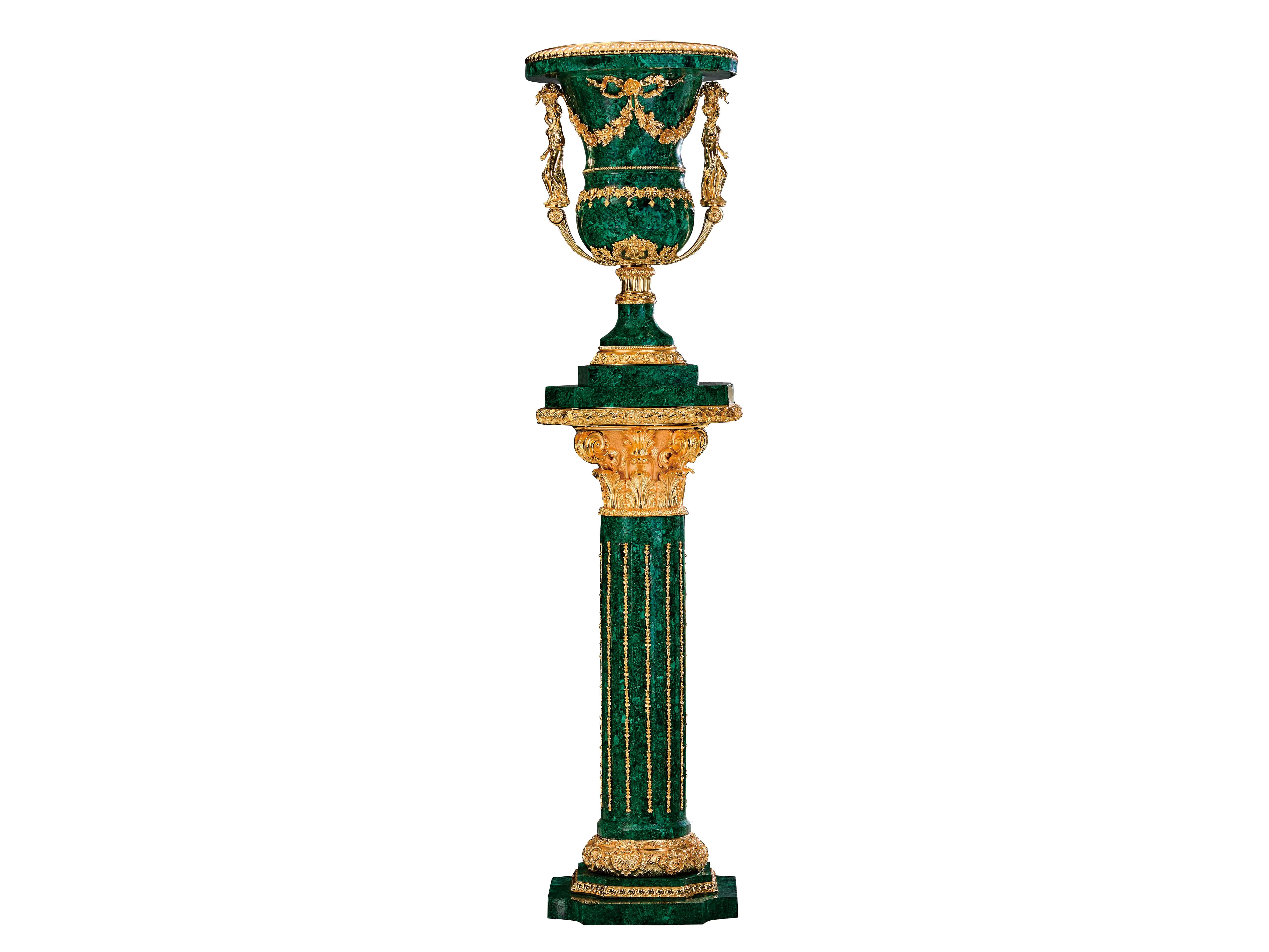 High End Hotel Decor French Inspired Handcrafted Brass Base Malachite Green Stone Vase for Luxury Spaces