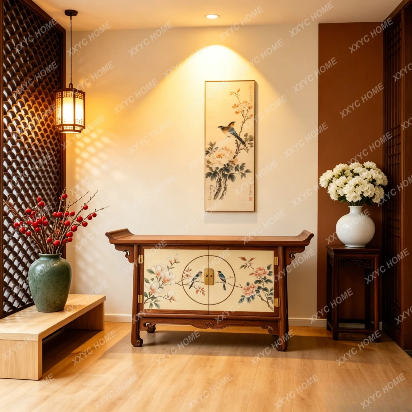 Black walnut entryway cabinet, solid wood floral and bird foyer cabinet, decorative cabinet