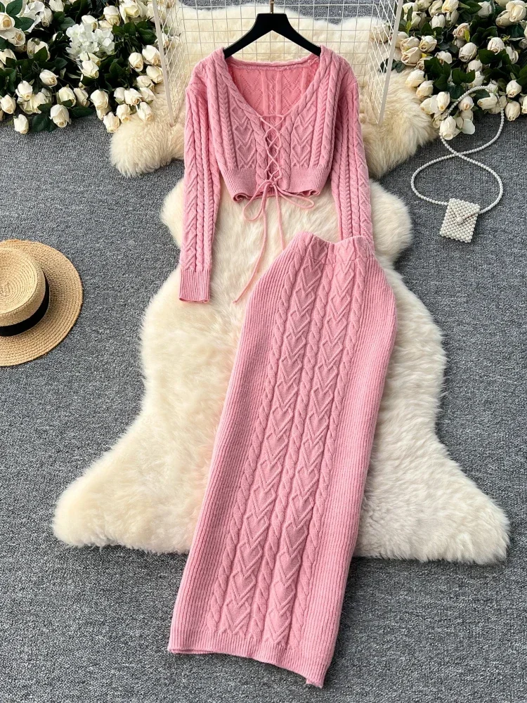 

Autumn Elegant Sweater 2 Piece Set Women Hollow Out Frenum Top + High Waist Bodycon Split Skirt Female Solid Knitted Suits New