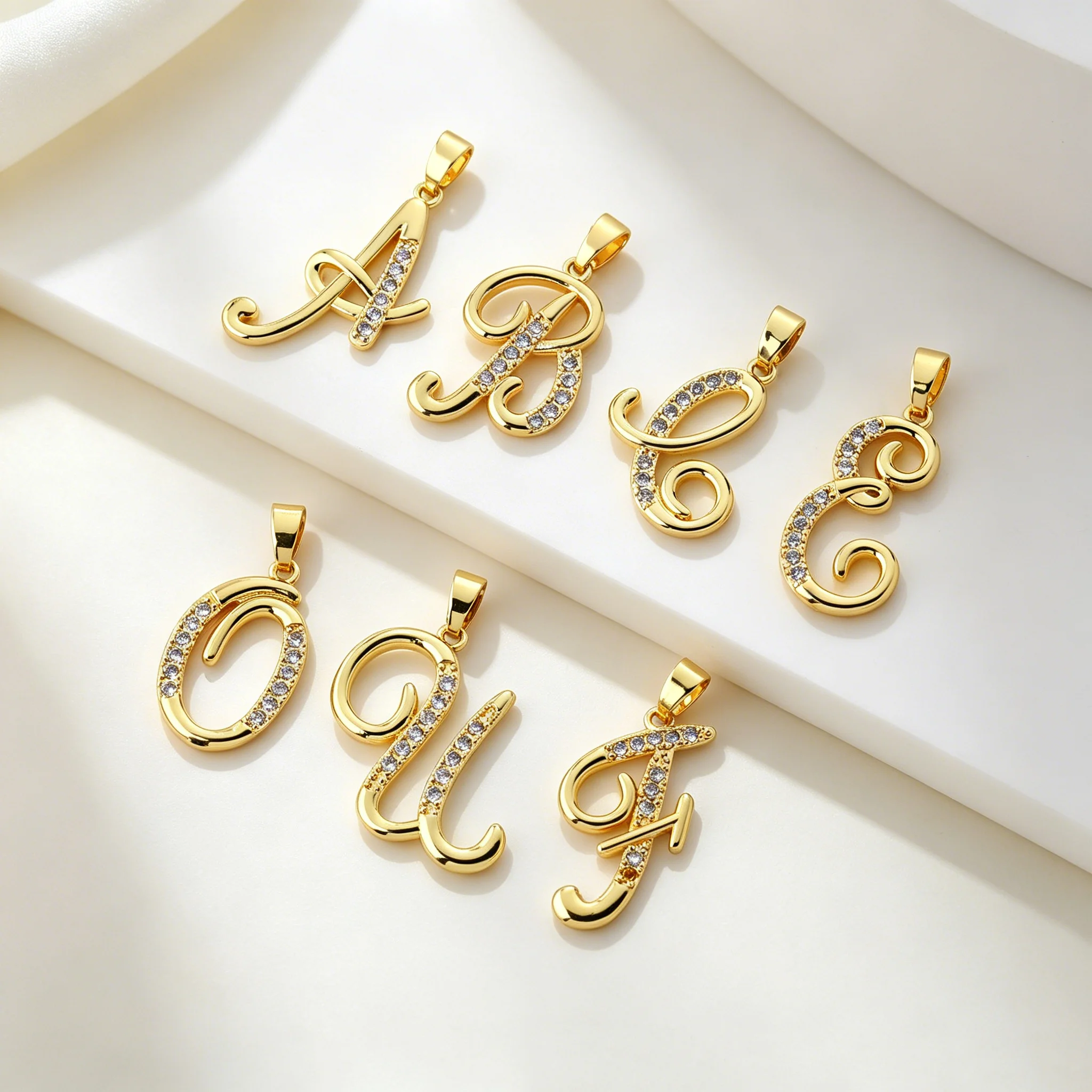 4 Pcs Pendants 26 Cursive Alphabet Letters Gold Plated Inlaid Zircon Charms for DIY Jewelry Making Necklace Bracelet Accessories