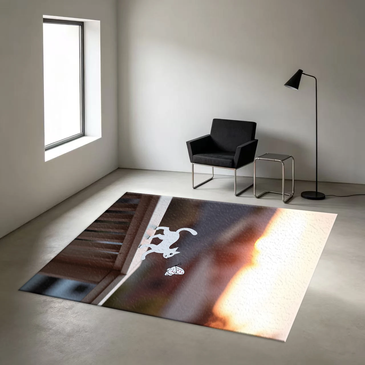 White Silhouette Cat Chasing Butterfly Carpet Floor Mat, Cute and Simple Pet Non-Slip Floor Carpet Suitable for Home Use