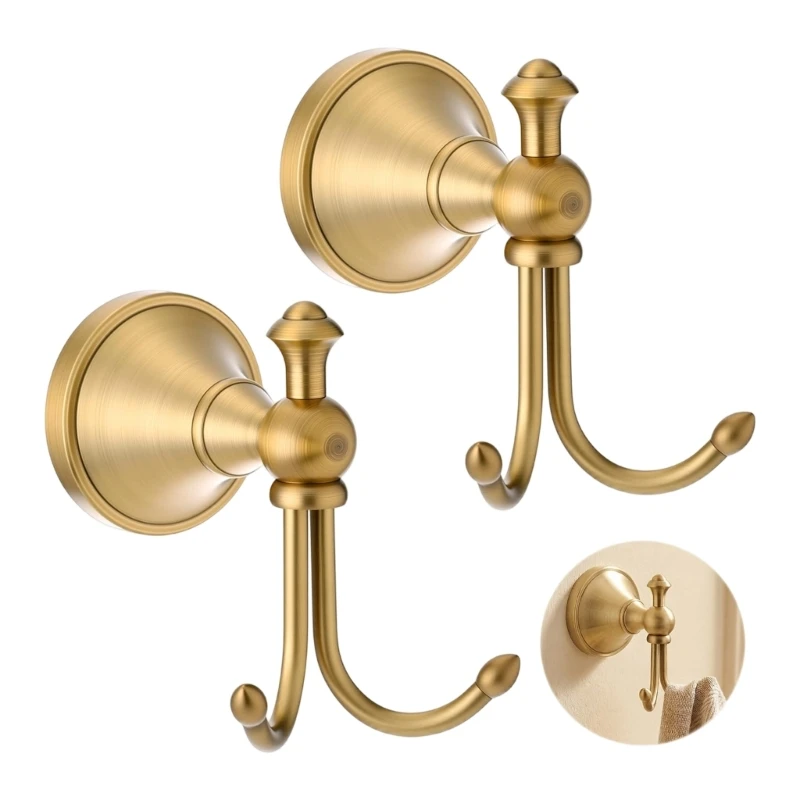 2Pcs Wall Mount Robe Hook with Antique Brass Finish Towel Hanger for Shower Area, Bedroom Door, Kitchen Utensils Storage Needs
