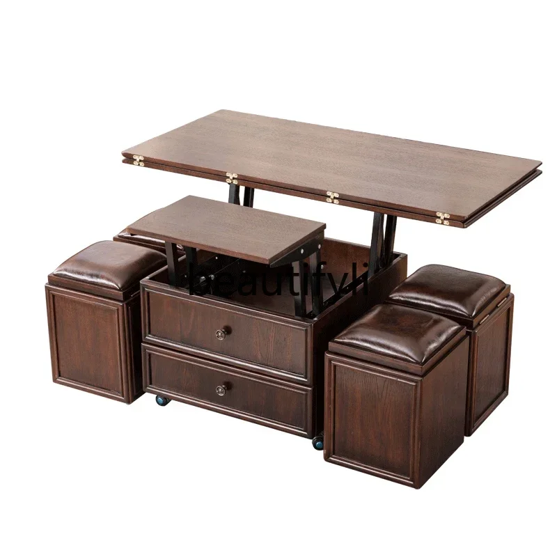 

Solid wood lifting coffee table dining table dual-purpose two-in-one mobile small apartment folding coffee table with stool
