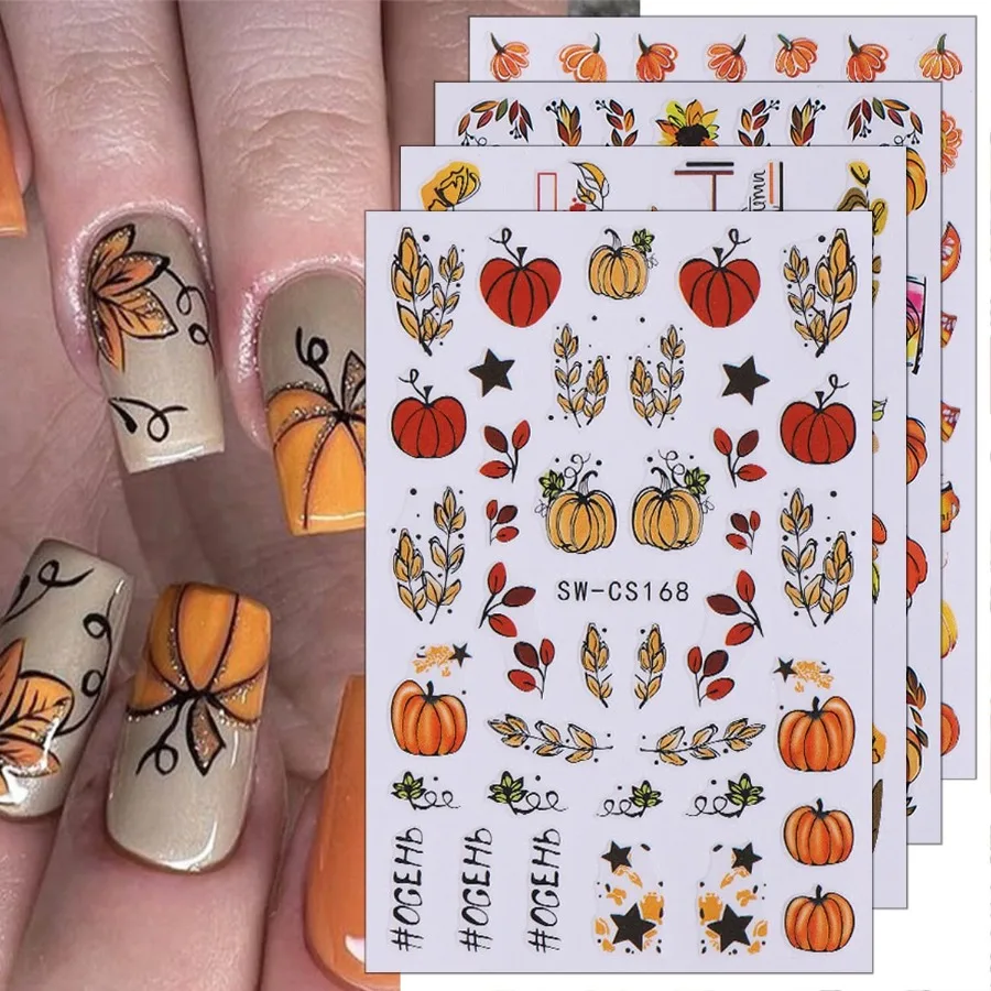 8 Sheets Pumpkin Nail Decals for Thanksgiving Art Stickers Autumn Fruit Flower Leaf 3D SelfAdhesive Fall Decoration Supplies fo