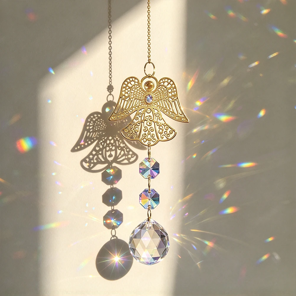 Gold Angel Wings Crystal Ball Suncatcher Prism Rainbow Maker Celestial Fairy Chime Window Garden Balcony Boho Hanging Decor