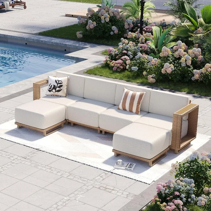 Aoxun Patio Furniture Set, 6 Piece Outdoor Wicker Sofa, Yellow/Beige | All‑Weather Rattan Modular Sofa with 10'' Ultra‑Thick