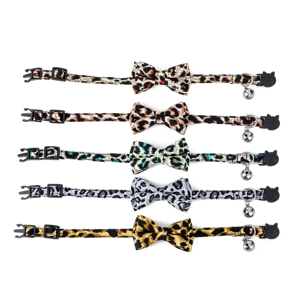 100% Cotton Leopard Print Safety Buckle Breakaway with Cute Bow Tie and Bell for Kitten Adjustable Pets Bandana Cat Collar