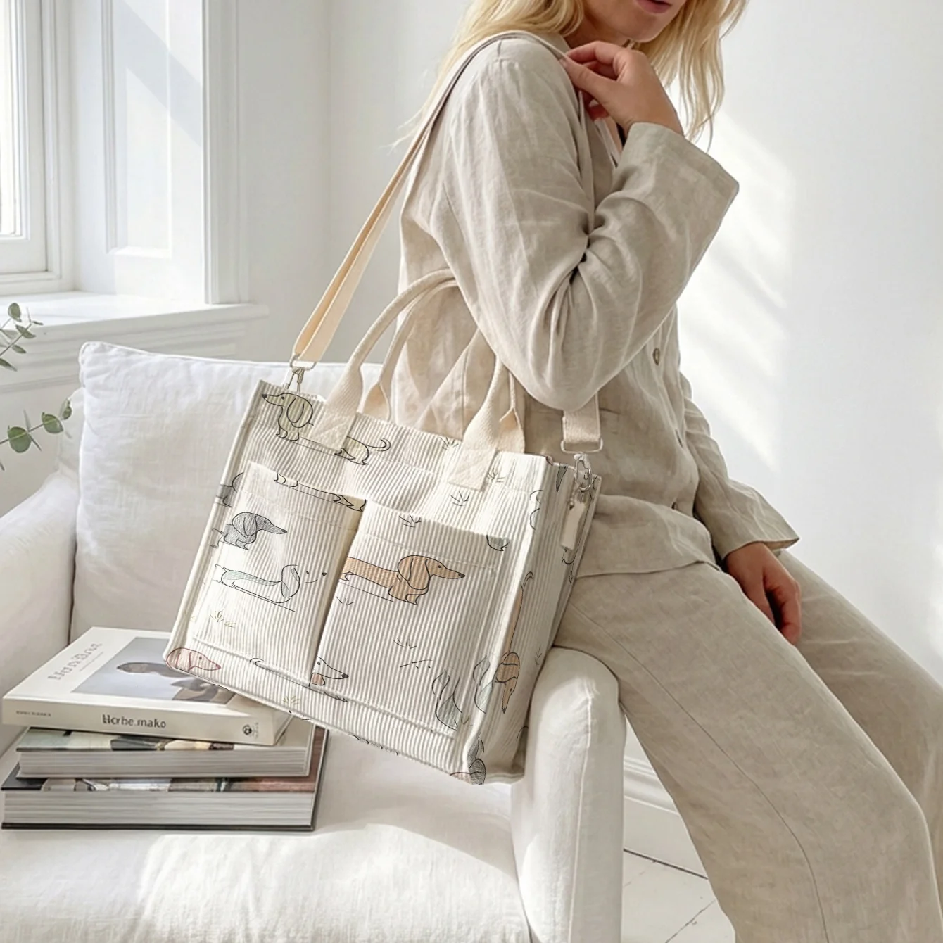 Line Drawing Dachshund Print Corduroy Tote Bag Large Capacity Multi Pocket Detachable Crossbody Shoulder Bag