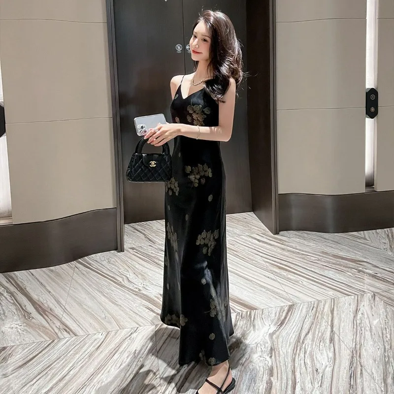 Abito a canotta in raso moda donna estate nuovi abiti da donna a trapezio stampati sottili stile lungo slim fit avanzato