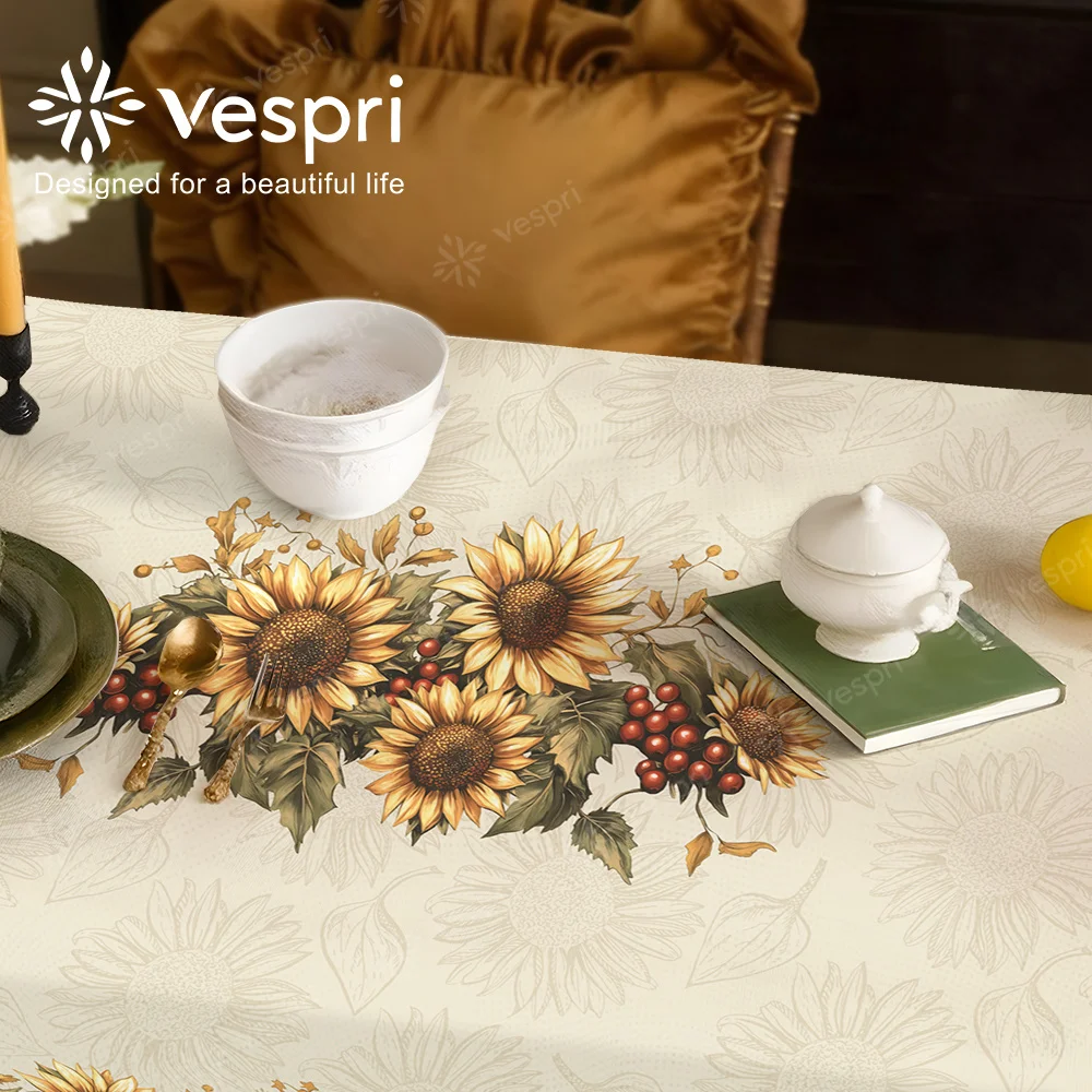 Vespri Mother's Day Tablecloth - Spring Tablecloth, with white and beige decorations, featuring sunflowers.