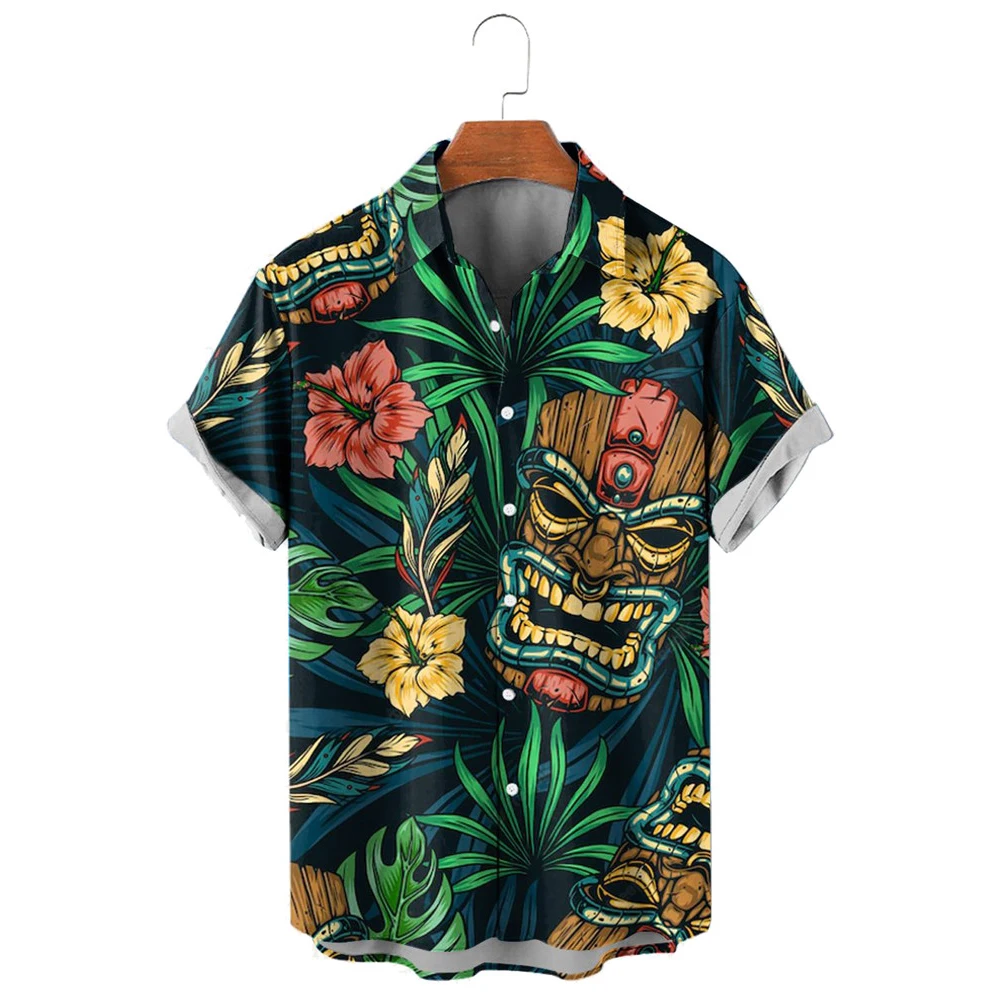 

HX Fashion Shirts Men's Hawaiian Mask Art Shirt Polynesia Graphic Tropical Beach Tops Men's Clothing Ropa Hombre