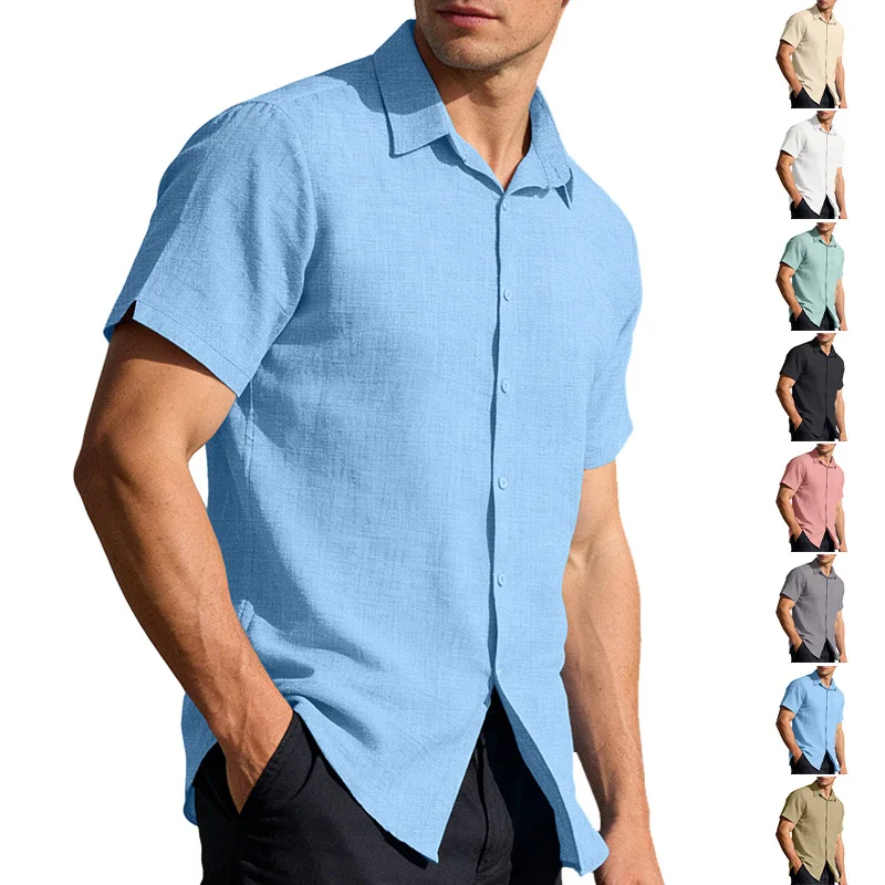 

European and American Men's Cardigan Button-down Short-sleeved Shirt Hawaiian Solid Color Lapel Casual Business Shirt