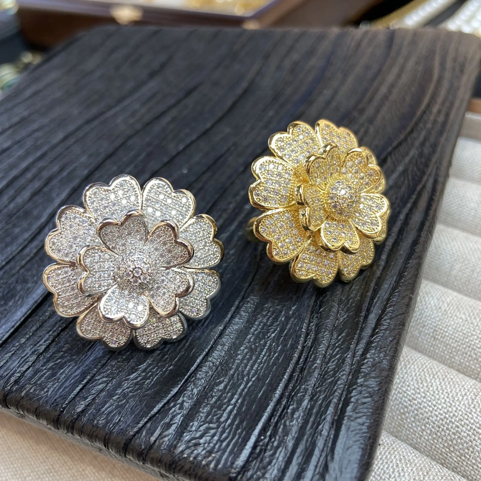 shiny zirconia flower open ring for women vintage jewelry sweet gold silver color large flower ring daily wear dinner party gift