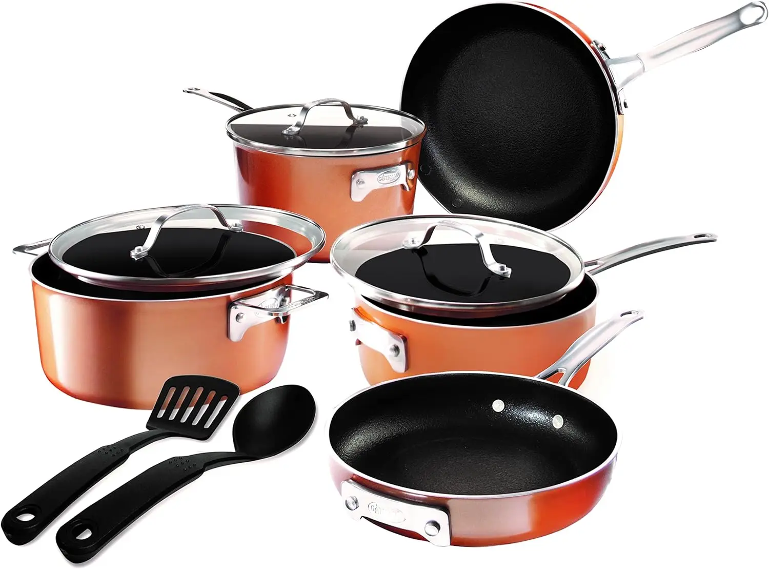 

10 Pc Copper Pots and Pans Set Non Stick, Kitchen Cookware Sets, Space Saving Non Stick Pots and Pan Set, Nonstick Cookware Set,