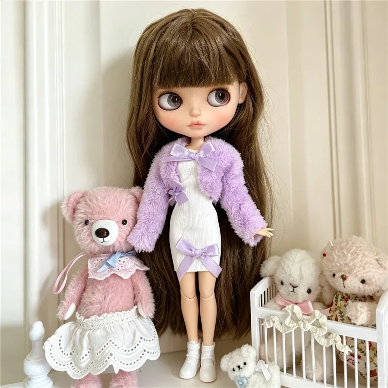 For Blythe Doll Outfit Clothes Luxury Checkered Coat Dress Set Sweet Princess Bowknot Skirt Clothing For Barbies OB24 Small 1/6