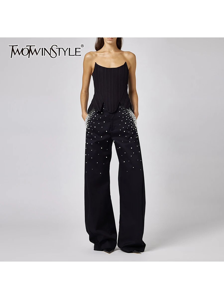 TWOTWINSTYLE Pearled Spliced Solid Loose Casual Pants for Women High Waist Patchwork Button Wide Leg Trousers Female Fashion New