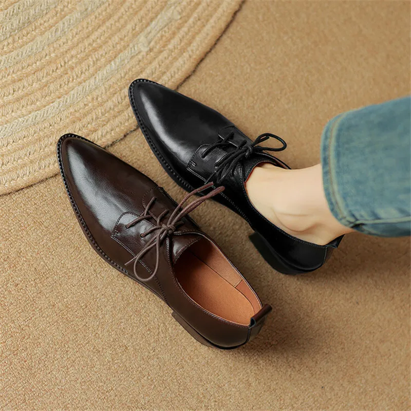 New Spring Split Leather Women Shoes Pointed Toe Women Pumps Chunky Heels Lace Loafers Shoes for Women French Retro Casual Shoes