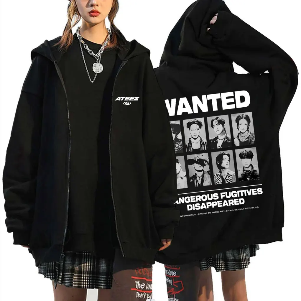 

Kpop ATEEZ Wanted Dangerous Fugitives Disappeared Graphic Zipper Hoodie Men Women Korean Fashion Trend Zip Up Jacket Sweatshirt