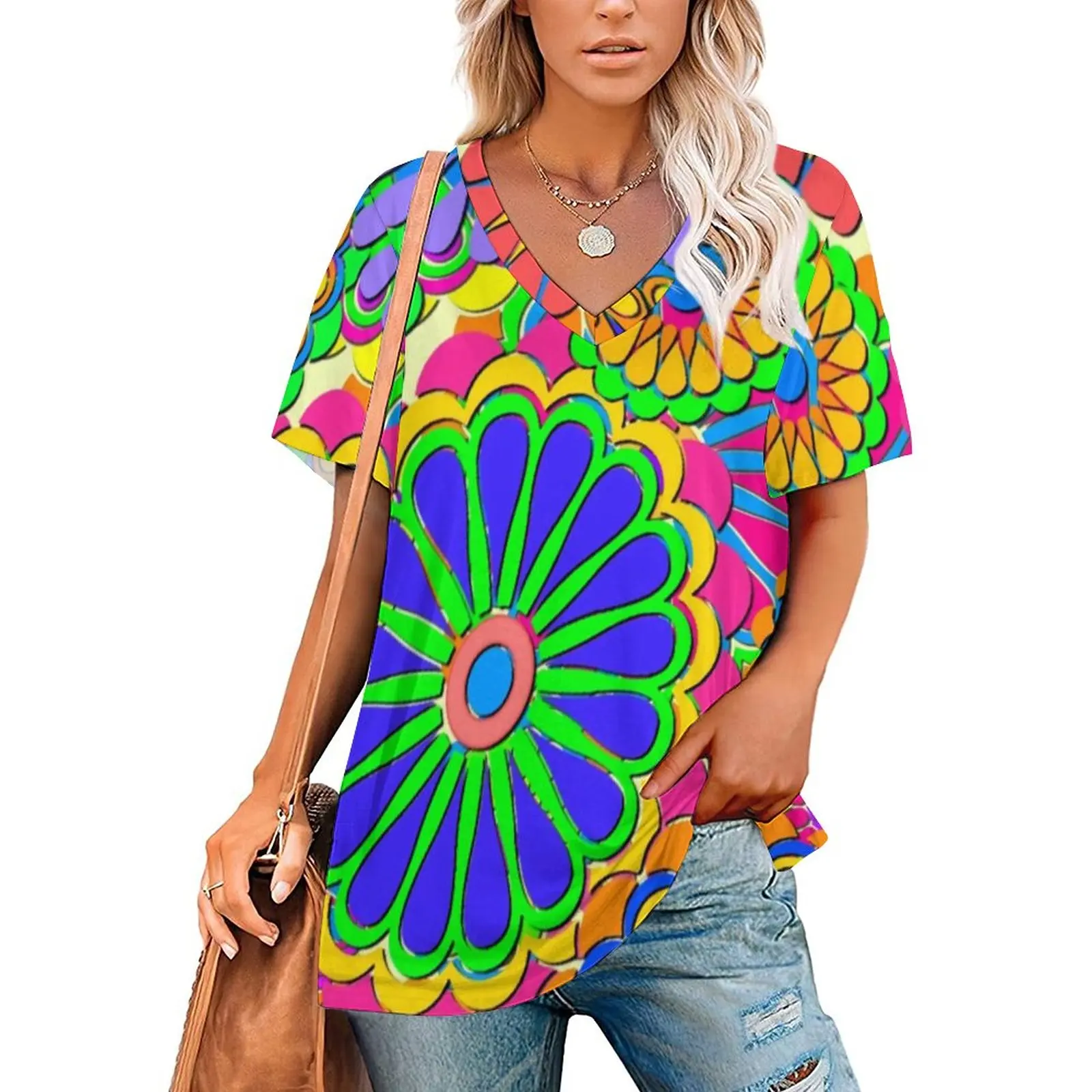 Colorful Flower Power T Shirts Bright Hippy Style V Neck Street Wear Oversized T Shirt Women Cute Tee Shirt Summer Print Clothes