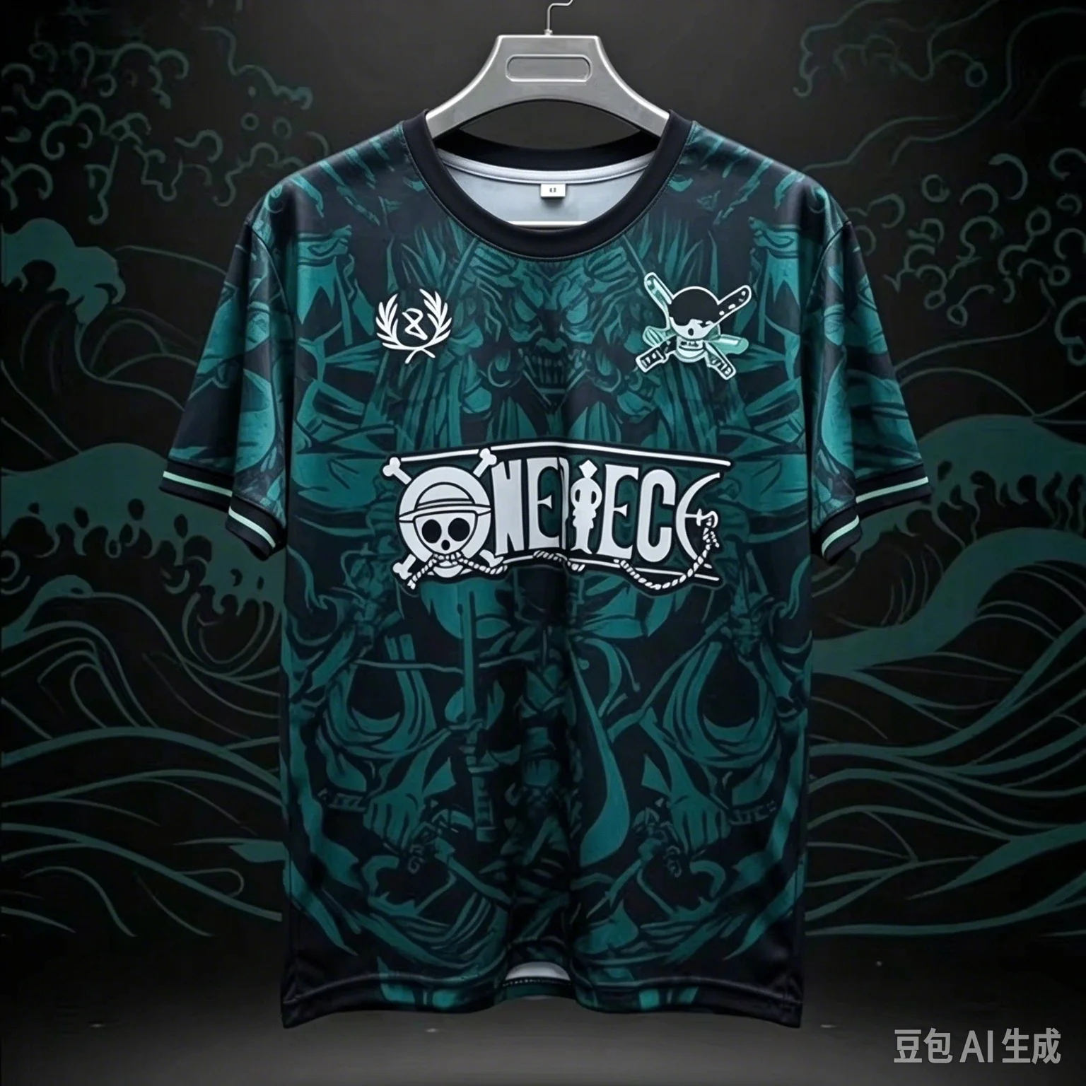 Roronoa Zoro One Piece Japanese Ukiyo-e Print Soccer Jersey Dark Green V-Neck Anime Fan T Shirt Quick Dry Cosplay Fanwear