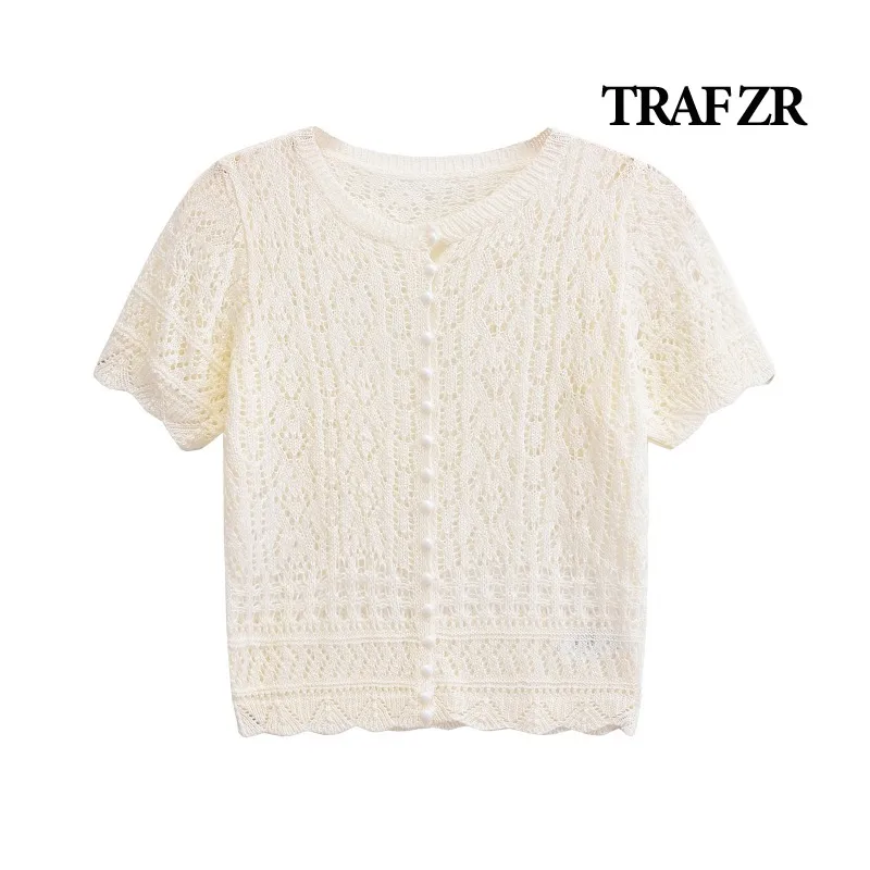 TRAF ZR Solidne koszulki damskie Lato 2024 Prairie Chic O-Neck Damskie topy Harajuku Moda Dzianina T-shirt T-shirty z krótkim rękawem