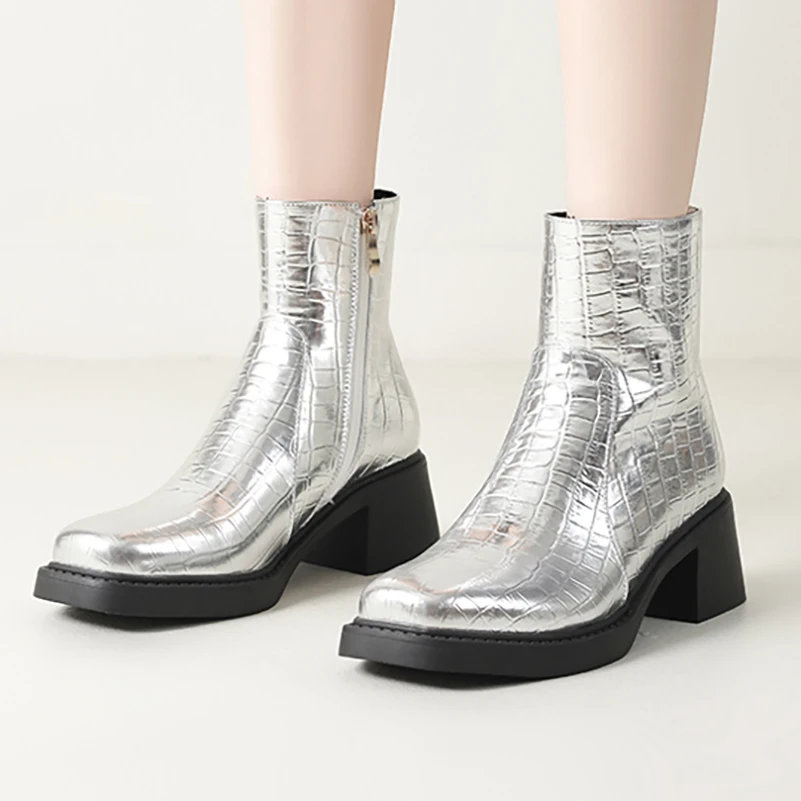 Multicolor Croc Embossed Patent Leather Ankle Booties Women Square Toe Chunky Block Heel Side Zipper Party Short Boots