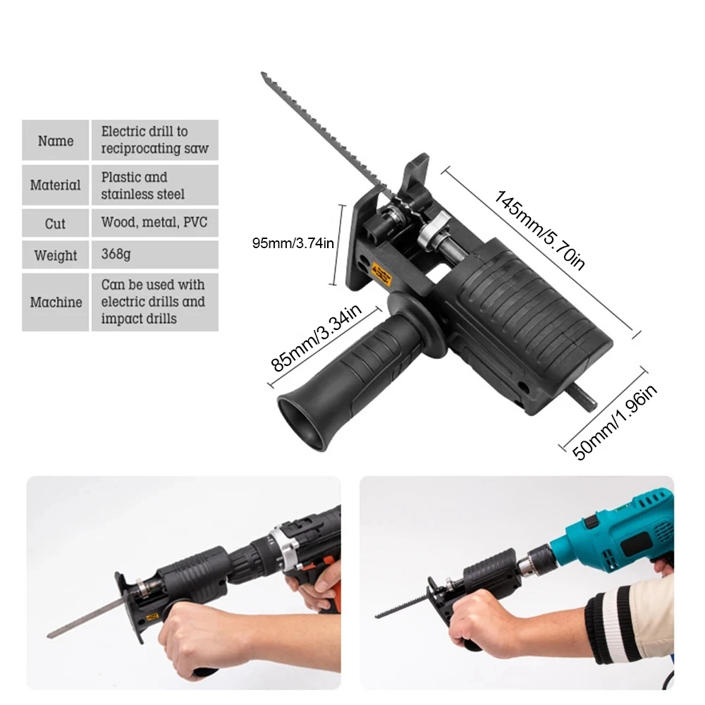 Portable Reciprocating Electric Saw Adapter Electric Drill Modified Tool Attachment with 3 Saw Blades for Wood Metal Cutting