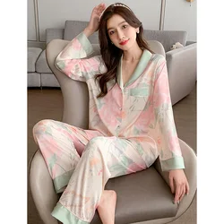 Spring Summer Faux Silk Pajamas for Women Lapel Cardigan Lounge Sets Womens 2 Piece Sweet Floral Home Wear Soft Sleepwear Pjs