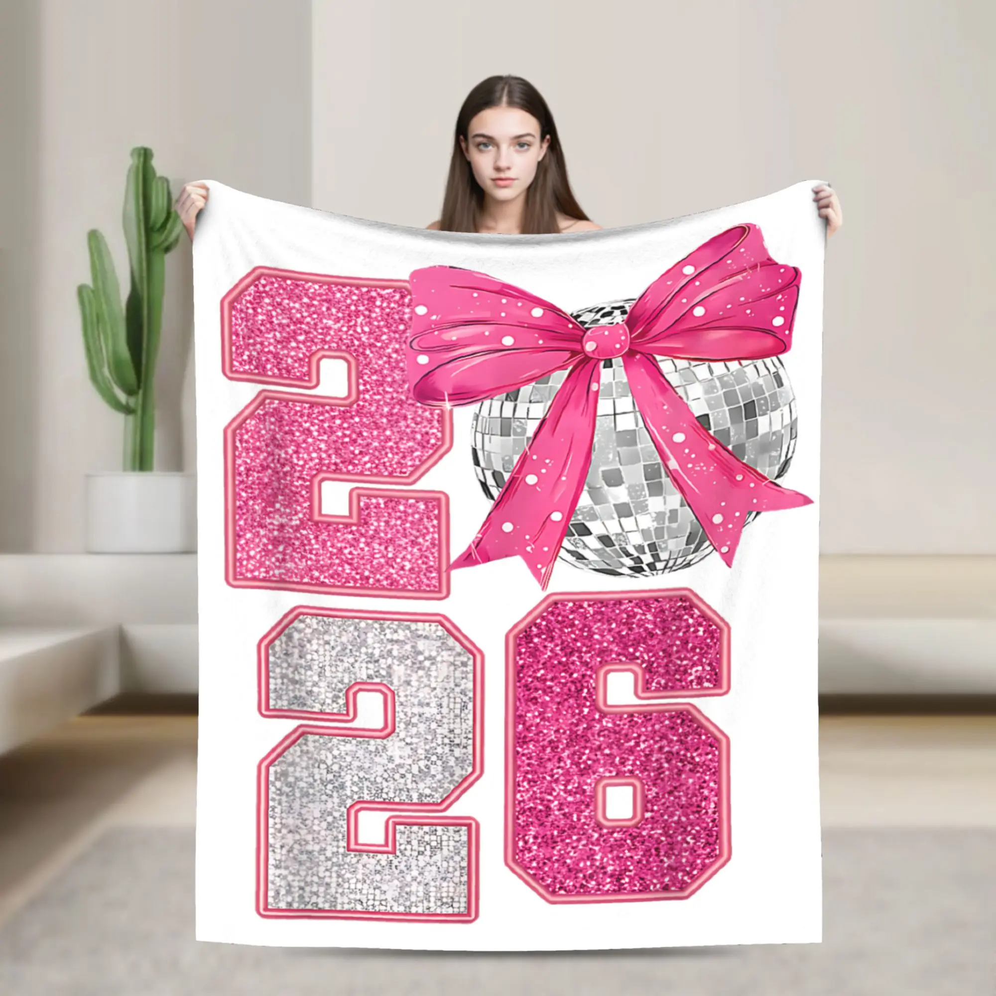 Feliz Año Nuevo 2026 Bola de discoteca Rosa Coqueta arco familia manta suave para sofá cama manta de invierno viaje colcha de franela