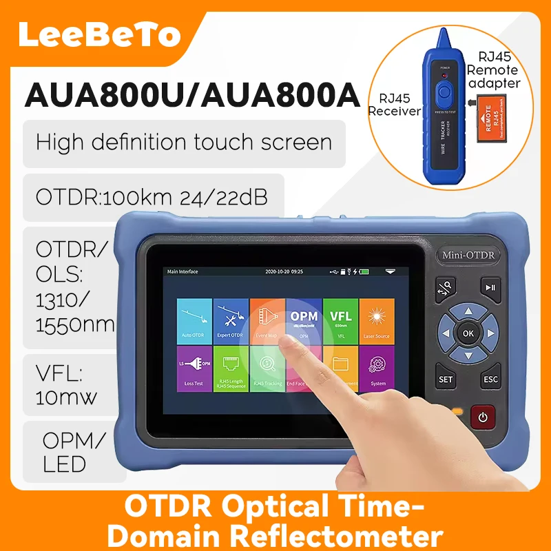 

AUA-800A/U MINI OTDR 1310/1550nm 26/24dB Fiber Optic Reflectometer Touch Screen VFL OLS OPM Event Map Ethernet Cable Tester