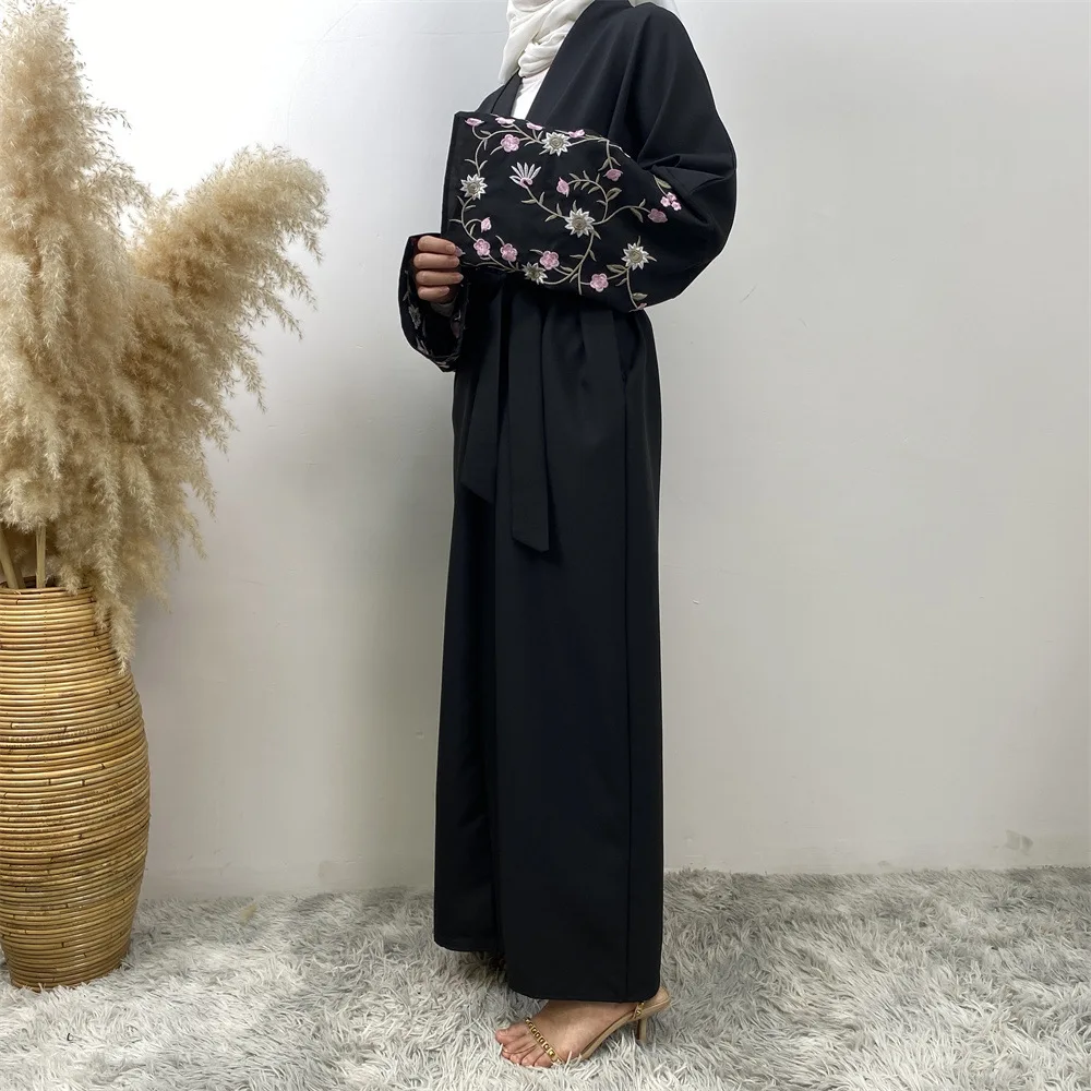 UNI ดอกไม้ปักเปิด Abaya กระเป๋าผ้าลินิน Abaya 2024 ธรรมดา Elegant ชุดมุสลิม Kaftan อิสลามเสื้อผ้าสําหรับผู้หญิง Kebaya